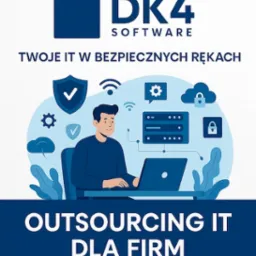 Ilustracja wektorowa: Mężczyzna pracuje na laptopie, otoczony ikonami IT (serwer, chmura, zabezpieczenia). Logo DK4 Software. Hasło: Outsourcing IT dla firm.