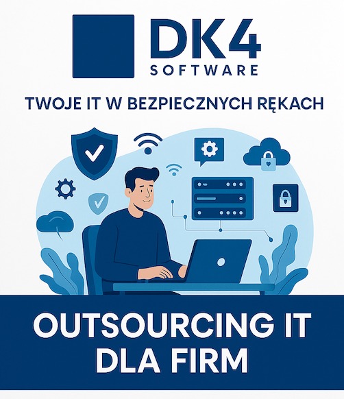 Ilustracja wektorowa: Mężczyzna pracuje na laptopie, otoczony ikonami IT (serwer, chmura, zabezpieczenia). Logo DK4 Software. Hasło: Outsourcing IT dla firm.