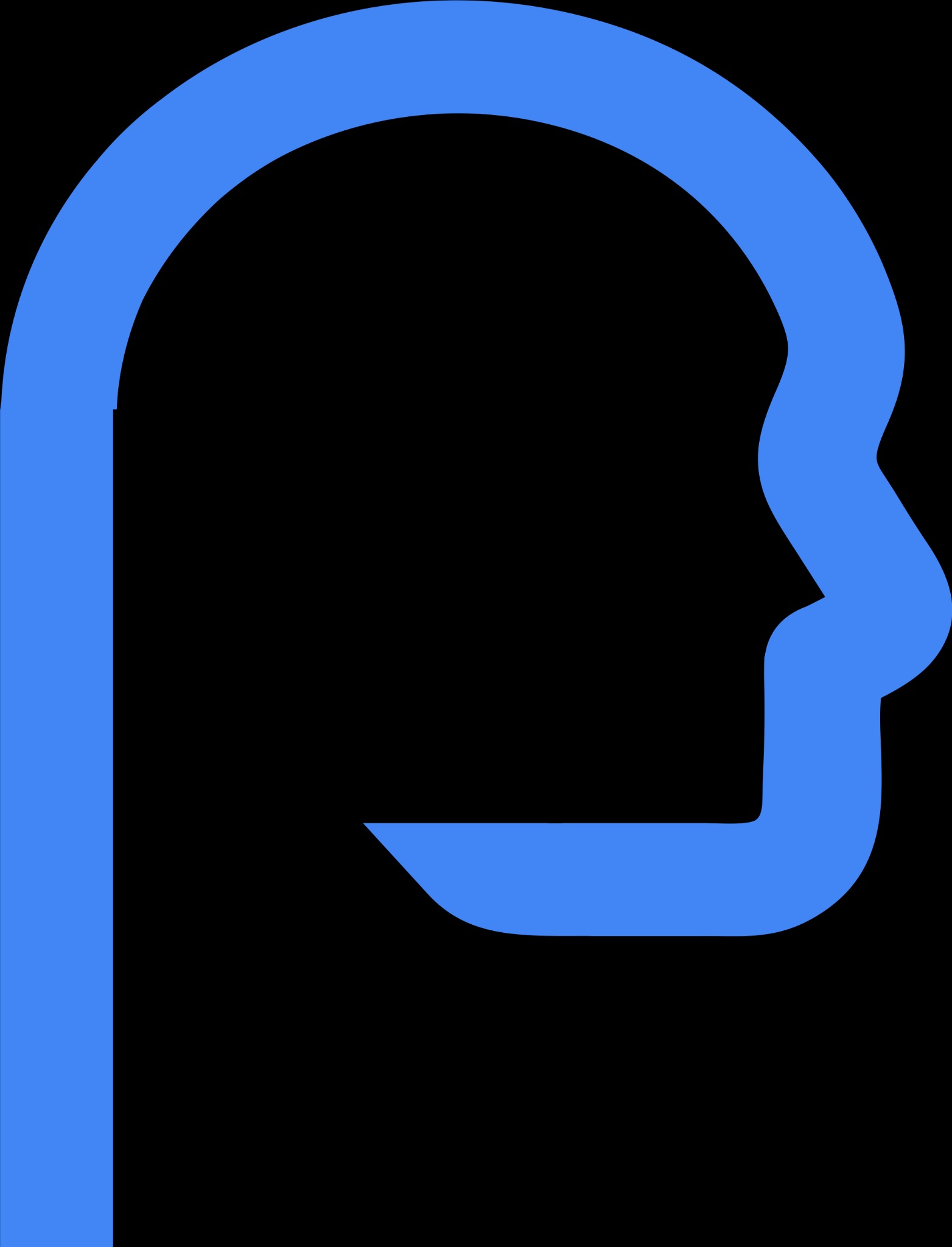 Niebieski, uproszczony profil głowy na czarnym tle. Grafika wektorowa, logo psychologa lub psychoterapeuty, symbolizuje umysł i myślenie abstrakcyjne.