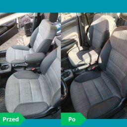 CleanLine - mobilne pranie tapicerki meblowej i samochodowej & Detailing wnętrz - Tapicerka samochodowa przed i po czyszczeniu. Widoczne różnice w odcieniu i czystości materiału. Ujęcie wnętrza auta z bliska, fotel kierowcy.