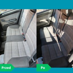 CleanLine - mobilne pranie tapicerki meblowej i samochodowej & Detailing wnętrz - Tapicerka samochodowa tylnych siedzeń: widok przed i po czyszczeniu. Po prawej stronie widoczny efekt po praniu, po lewej stronie tapicerka przed czyszczeniem.