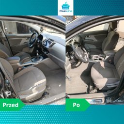 CleanLine - mobilne pranie tapicerki meblowej i samochodowej & Detailing wnętrz - Wnętrze samochodu przed i po czyszczeniu tapicerki. Widoczne fotele, podłoga i deska rozdzielcza. Po prawej stronie wnętrze po zabiegu czyszczenia.