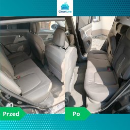 CleanLine - mobilne pranie tapicerki meblowej i samochodowej & Detailing wnętrz - Wnętrze samochodu z tylnymi siedzeniami, widok przed i po czyszczeniu tapicerki. Po prawej stronie widoczny efekt po zabiegu, po lewej stronie stan przed czyszczeniem.