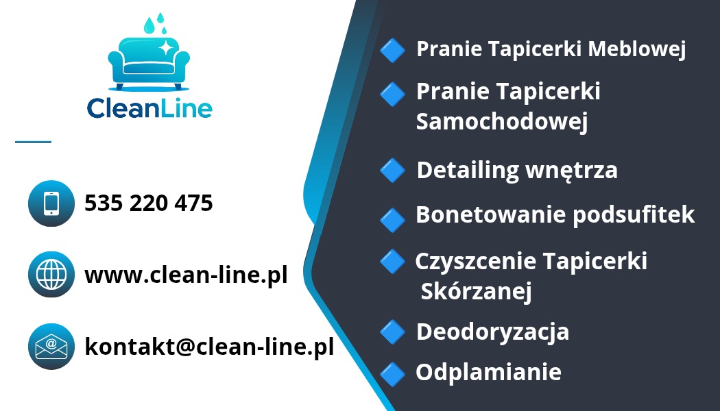 Wizytówka CleanLine z ofertą prania tapicerki meblowej i samochodowej, detailingu wnętrz, bonetowania podsufitek, czyszczenia tapicerki skórzanej, deodoryzacji i odplamiania.