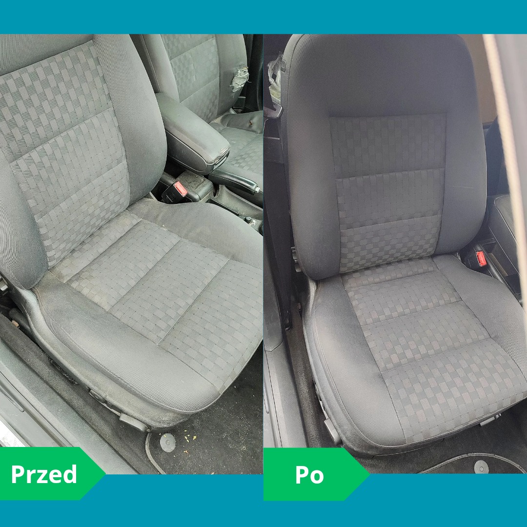 Tapicerka samochodowa: widok 'przed' z wyraźnymi zabrudzeniami i 'po' czyszczeniu, ukazujący odświeżony, czysty wygląd. Efekt prania tapicerki.