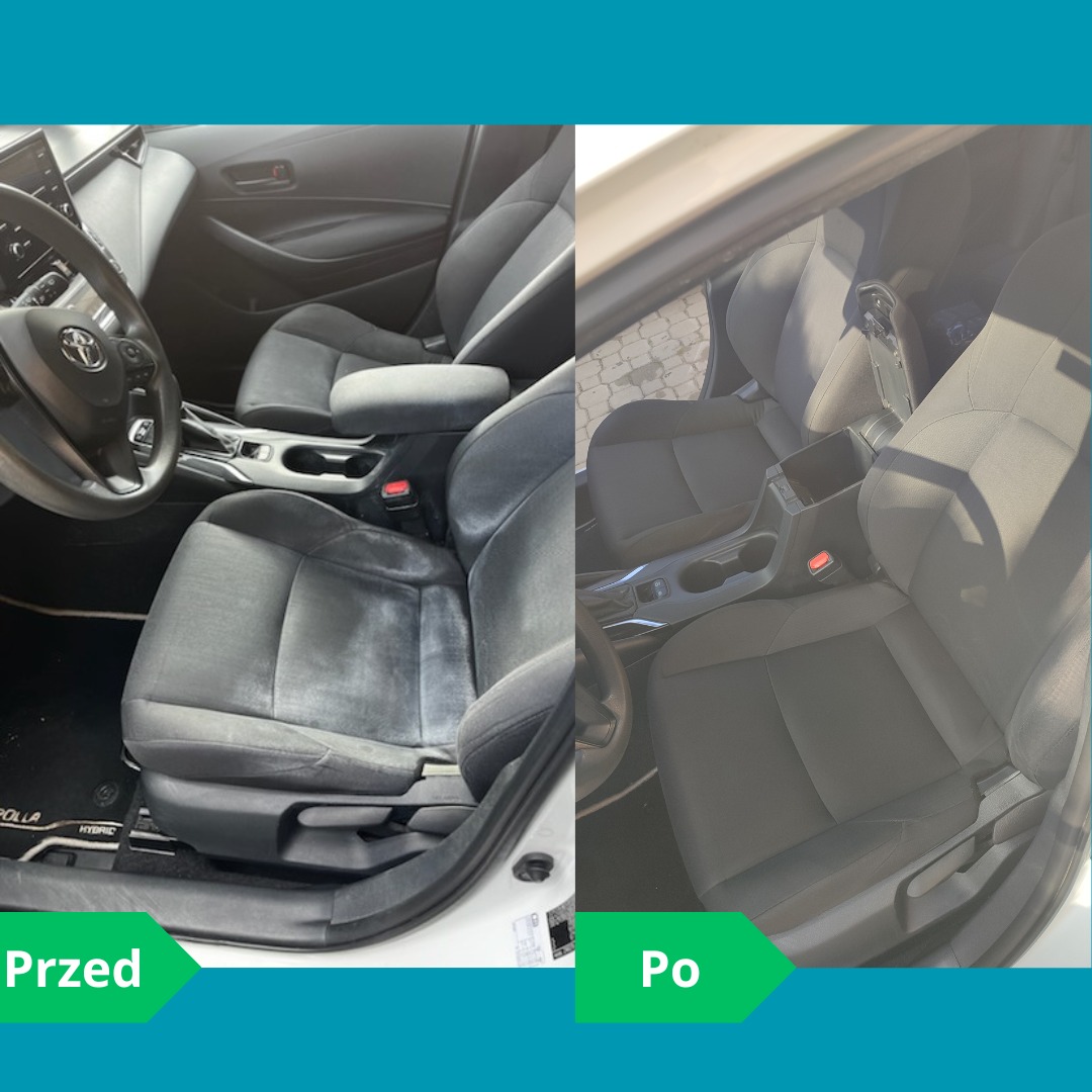 Efekt usługi w Dzierżoniowie: fotel samochodowy przed i po czyszczeniu. Widoczna różnica w wyglądzie tapicerki, z szarej i zabrudzonej do czystej i odświeżonej.
