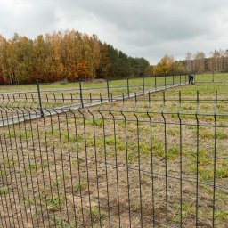 OGROTKOWO MARCIN GROTEK - Nowoczesne ogrodzenie panelowe z podmurówką betonową na tle jesiennego krajobrazu. Widoczna osoba pracująca przy montażu w oddali.