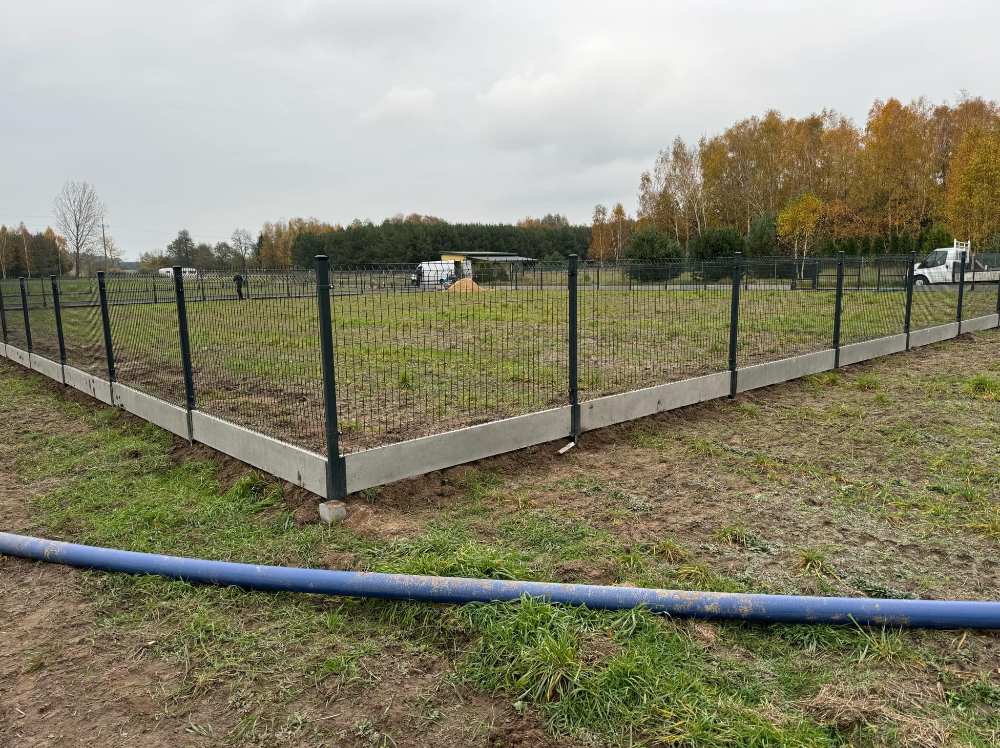 Nowoczesne ogrodzenie z siatki i betonowej podmurówki na działce. Widoczne słupki i siatka w kolorze grafitowym. W tle drzewa i budynek gospodarczy.