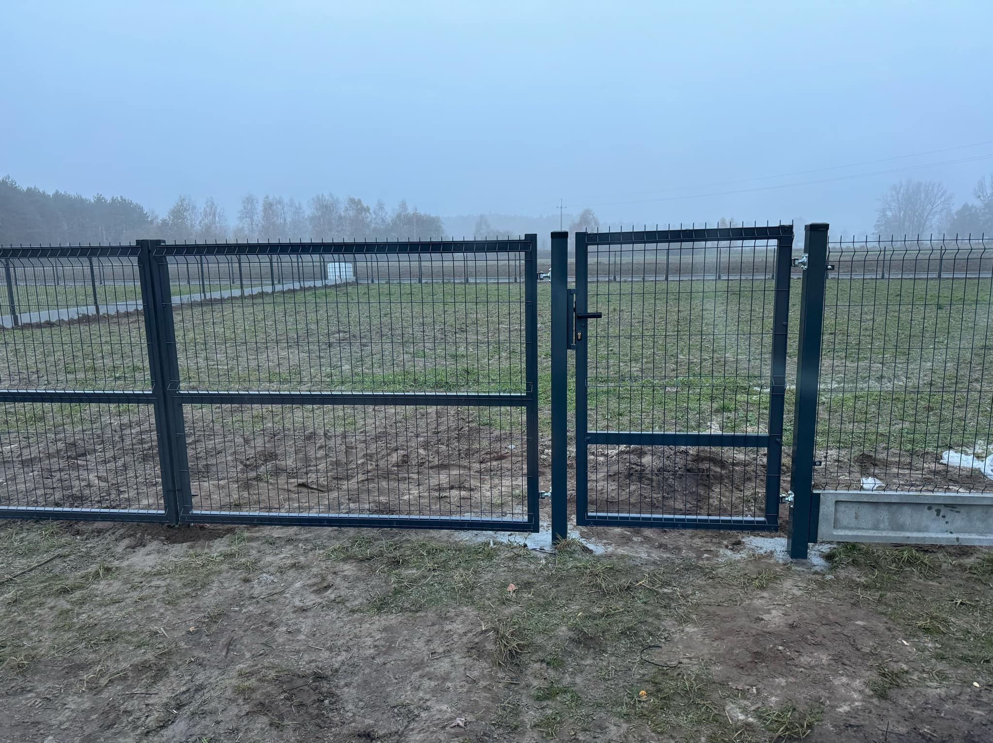 Nowoczesna, grafitowa brama z siatki panelowej, zamontowana na betonowej podmurówce, na tle zamglonego krajobrazu z drzewami. Widoczne elementy montażowe.