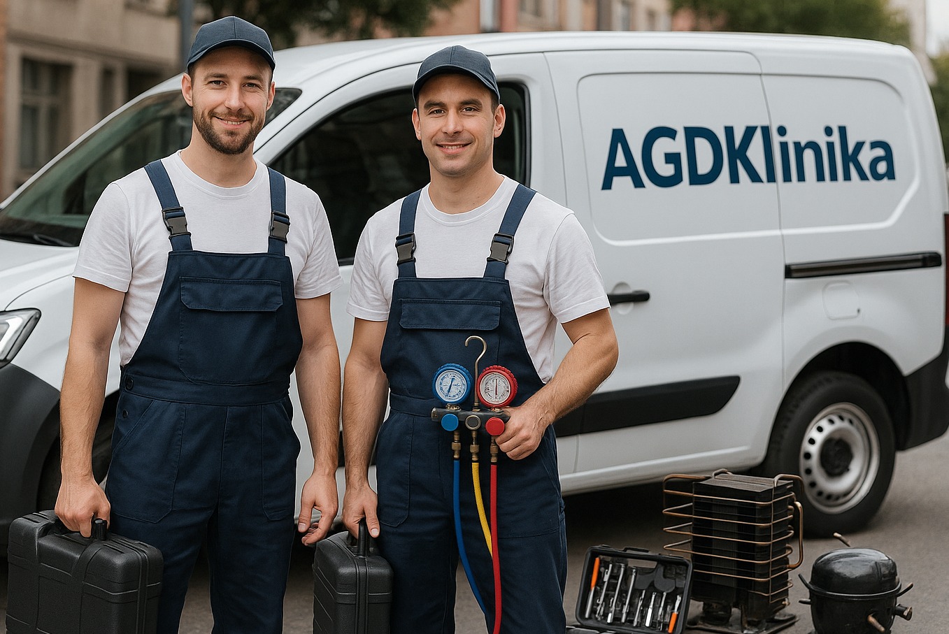 Dwóch uśmiechniętych techników AGD w kombinezonach, z narzędziami i sprzętem serwisowym na tle firmowego samochodu dostawczego.