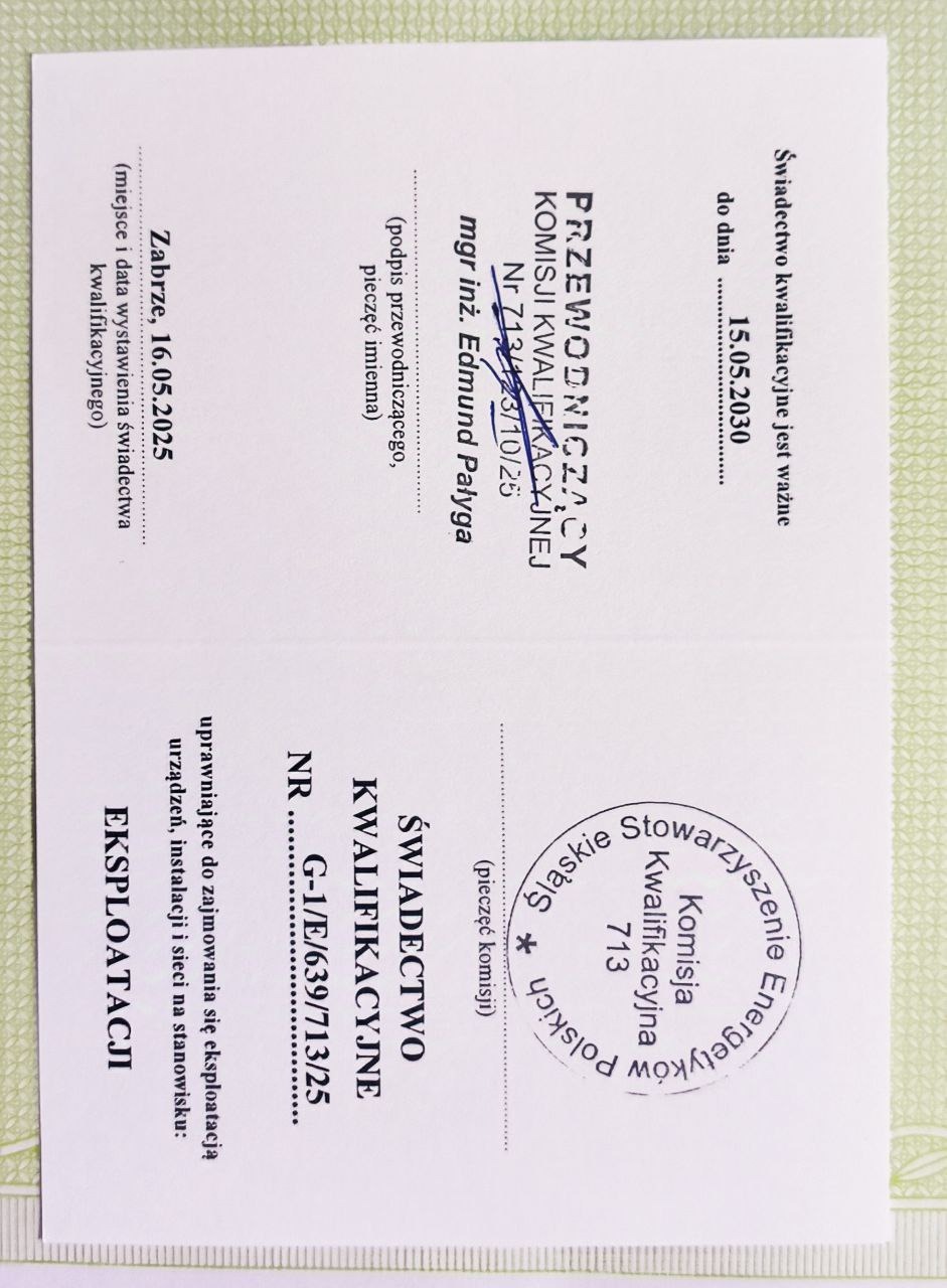 Świadectwo kwalifikacyjne z datą ważności do 15.05.2030, podpisane przez mgr inż. Edmunda Pałygę, z pieczęcią komisji i numerem G-1/E/639/713/25.