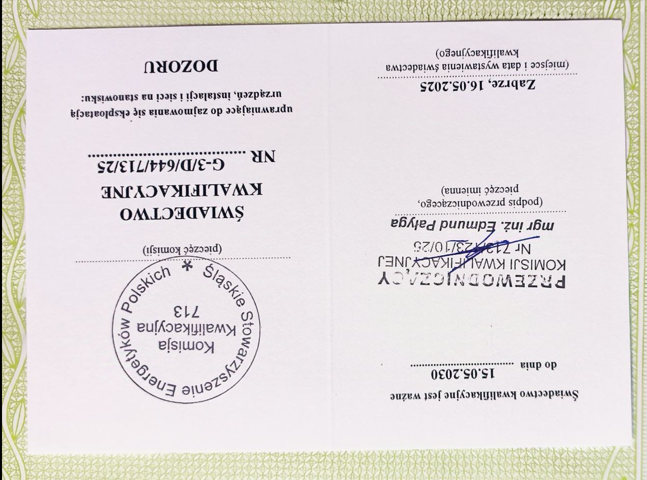 Świadectwo kwalifikacyjne uprawniające do eksploatacji urządzeń, instalacji i sieci, wydane w Zabrzu 16.05.2025, ważne do 15.05.2030, z pieczęciami i podpisami.