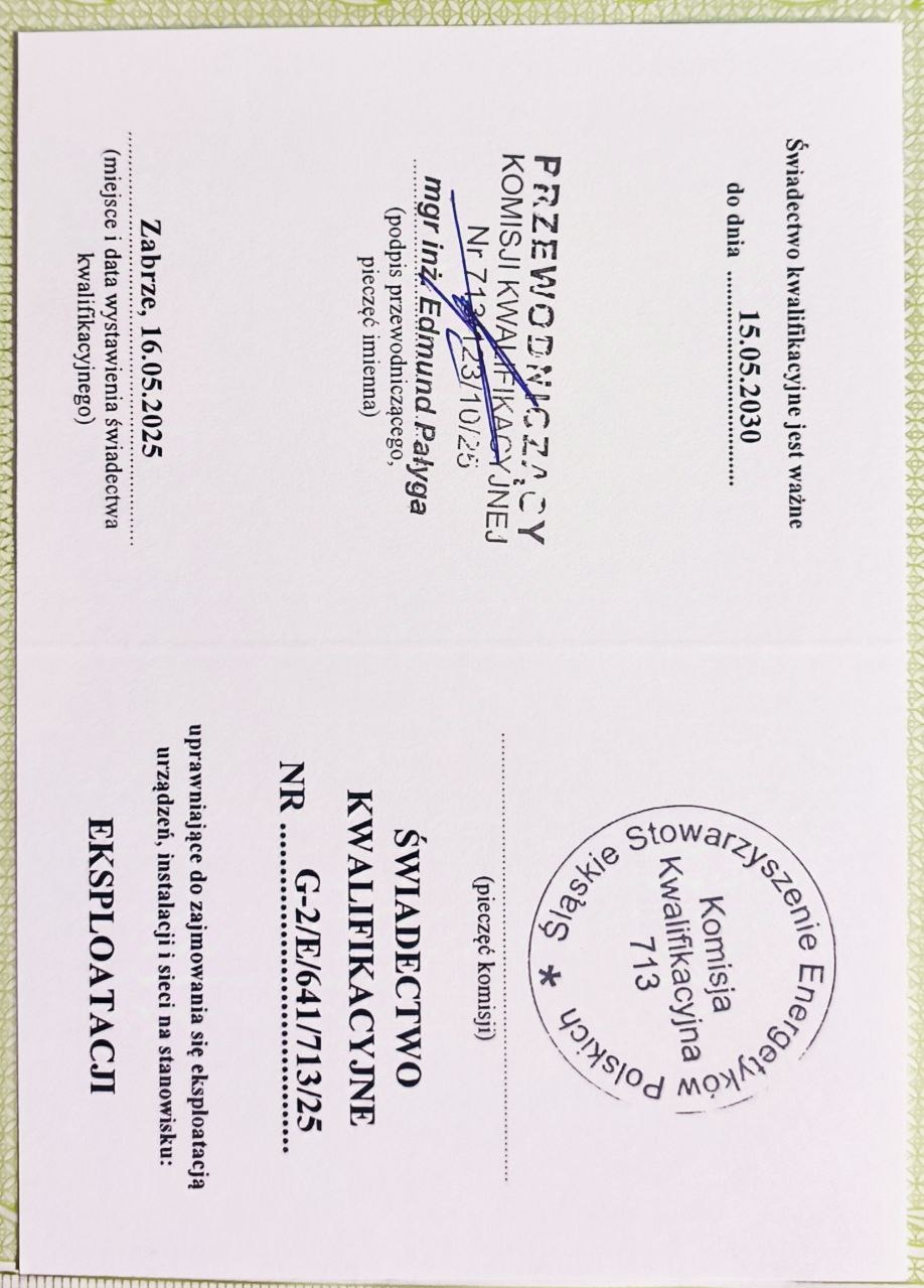 Świadectwo kwalifikacyjne z datą ważności do 15.05.2030, podpisane przez mgr inż. Edmund Palyga, potwierdzające uprawnienia do eksploatacji urządzeń i instalacji.