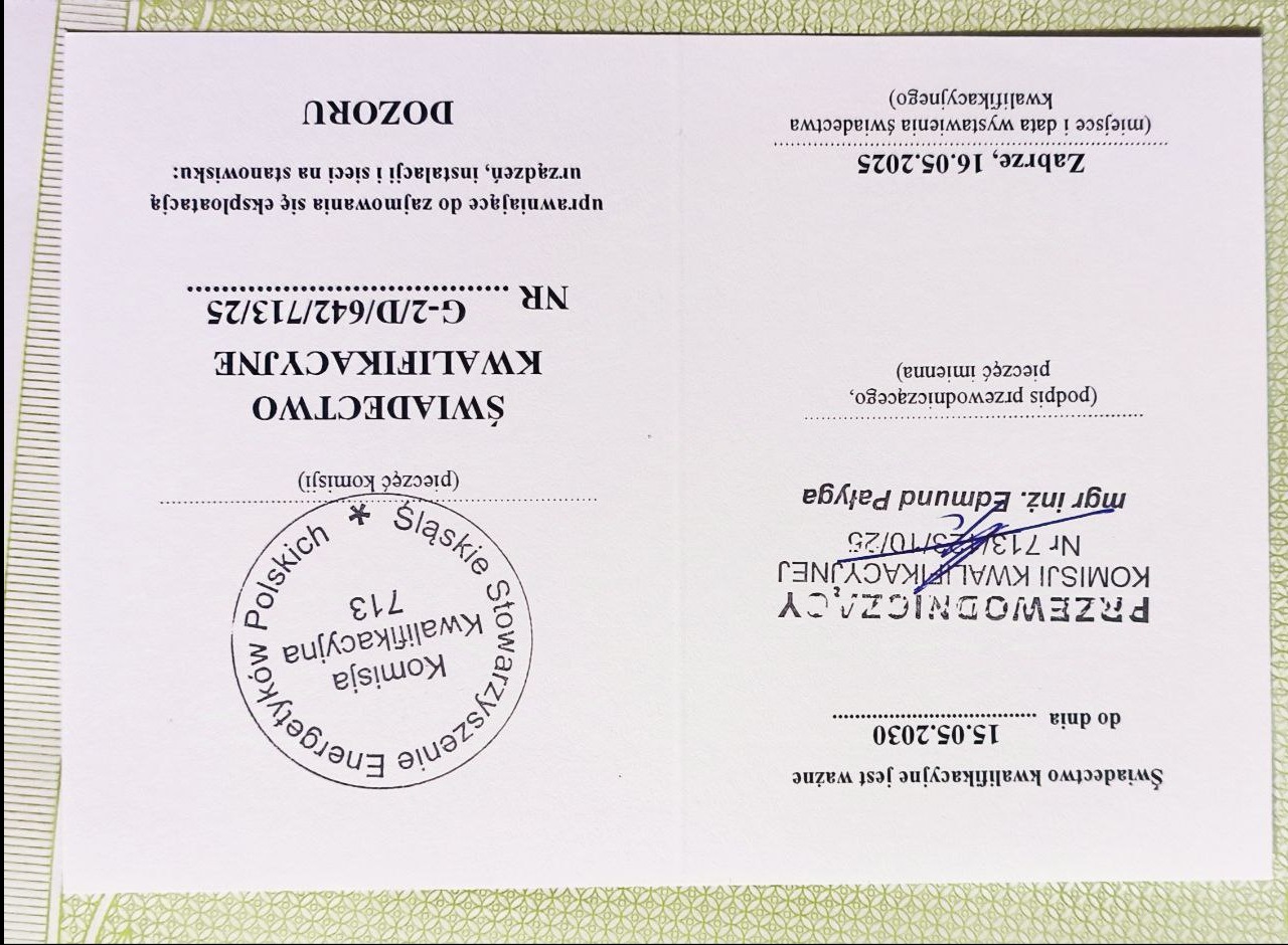 Skan świadectwa kwalifikacyjnego z pieczęciami i podpisami, uprawniającego do eksploatacji urządzeń i instalacji. Dokument ważny do 15.05.2030.
