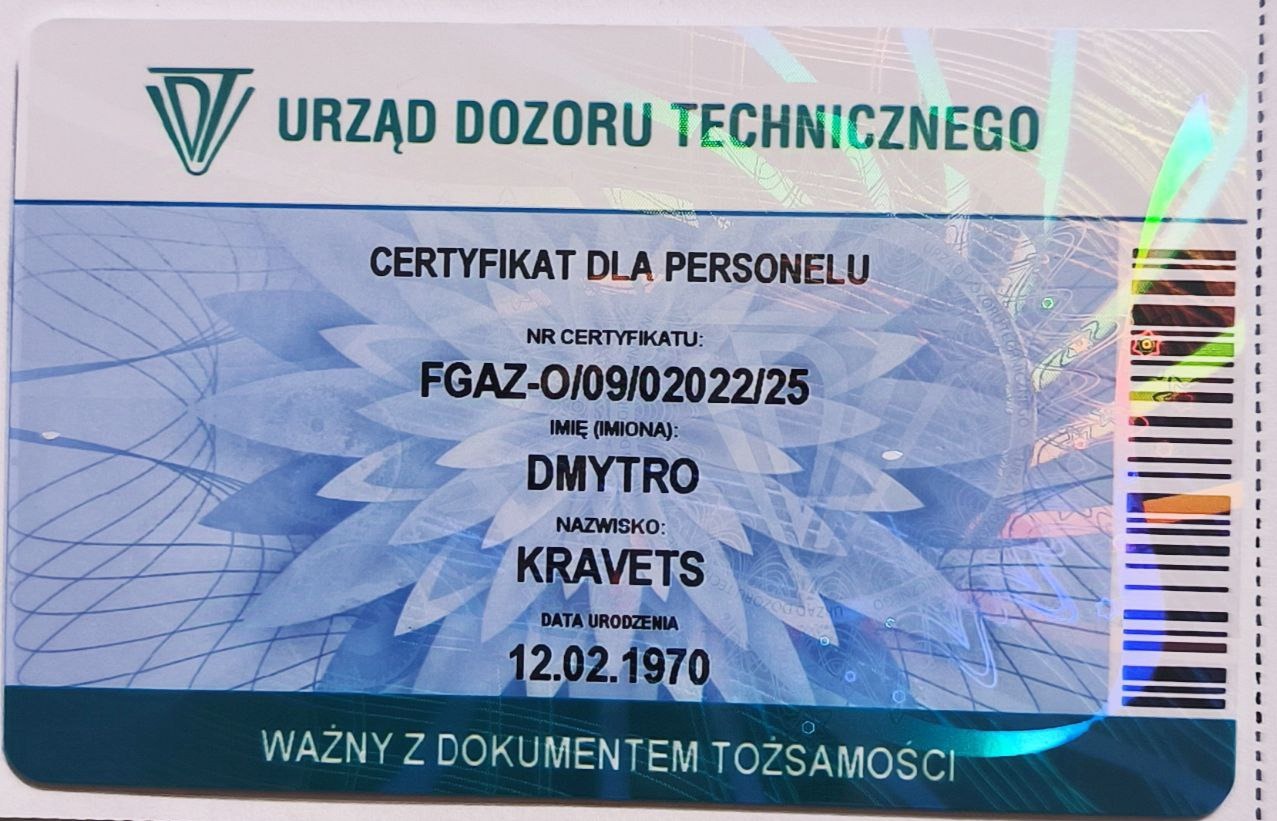 Certyfikat Urzędu Dozoru Technicznego dla personelu, numer FGAZ-0/09/02022/25, imię Dmytro, nazwisko Kravets, data urodzenia 12.02.1970. Ważny z dokumentem tożsamości.