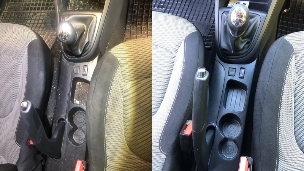 Efekt czyszczenia wnętrza auta w Warszawie. Widoczne fotele i konsola środkowa przed i po zabiegu. Różnica w czystości tapicerki i plastików jest wyraźna.