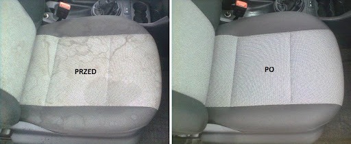 Tapicerka fotela samochodowego: strona lewa 'PRZED' zabrudzona, strona prawa 'PO' czyszczeniu, widoczne różnice w kolorze i strukturze materiału.