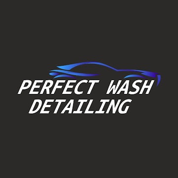 Logo firmy Perfect Wash Detailing: stylizowany, błękitny zarys auta na ciemnoszarym tle, z białym napisem nazwy firmy. Minimalistyczny design, nowoczesna estetyka.