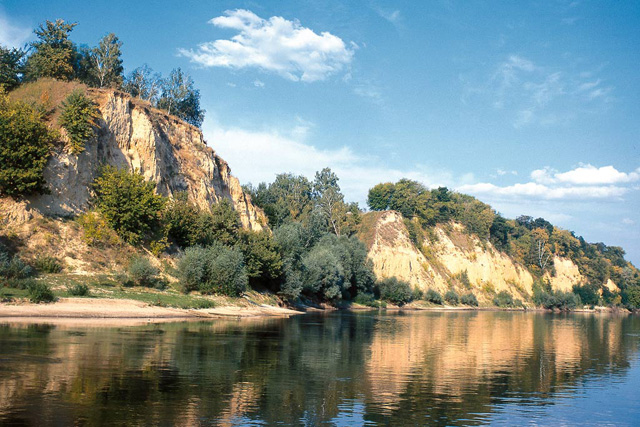Brzeg rzeki z wysoką, piaszczystą skarpą porośniętą drzewami i krzewami, odbijający się w wodzie pod błękitnym niebem z chmurami.
