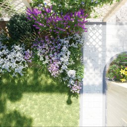 GREENCRAFT NATALIA SWEBODZIŃSKA - Widok z góry na zagospodarowany ogród z trawnikiem, ścieżką z kostki, rabatami kwiatowymi i elementami drewnianej pergoli. Kompozycja roślinna zróżnicowana kolorystycznie.