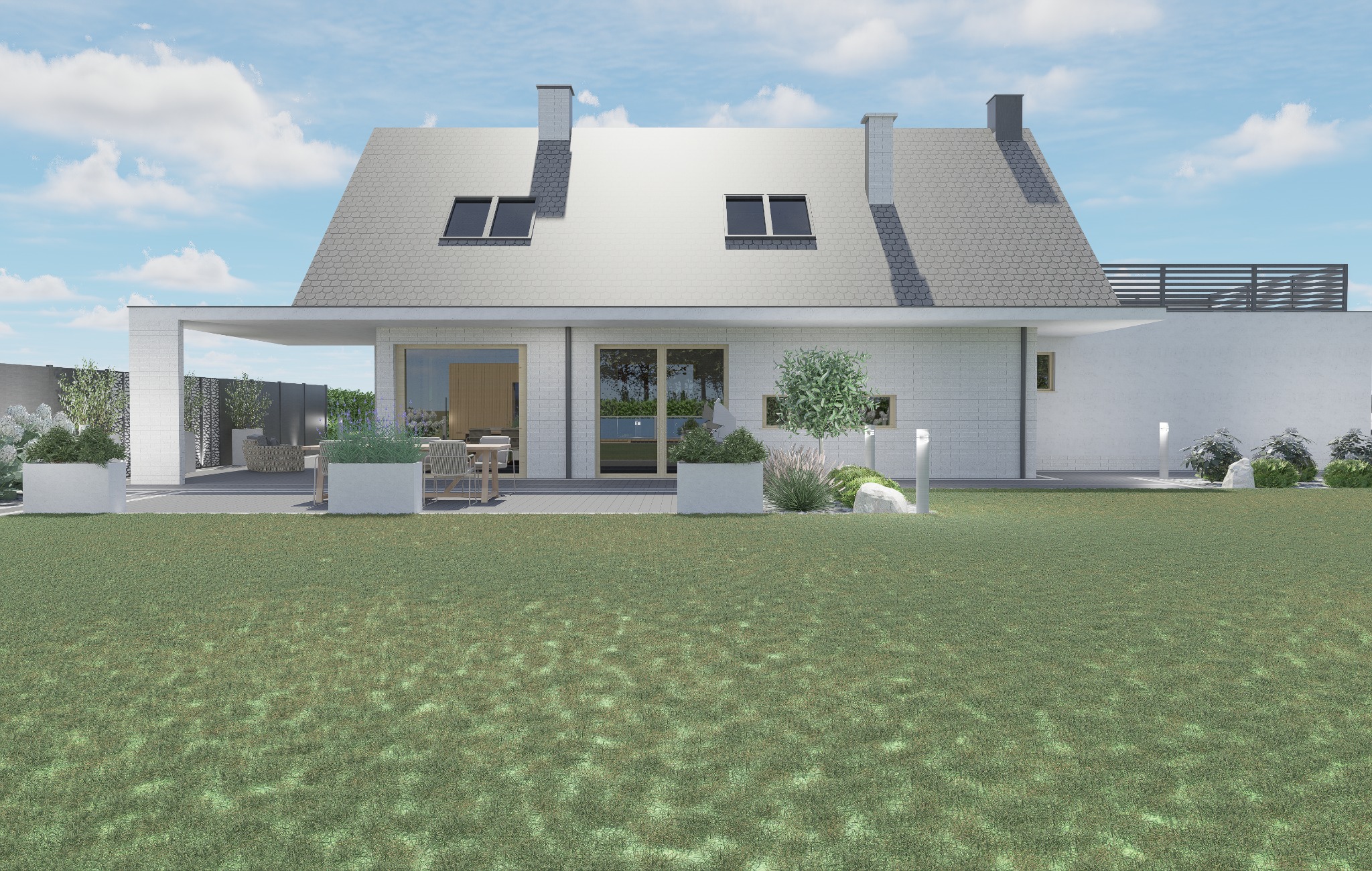 Nowoczesny dom z ogrodem: trawnik, rabaty z krzewami, oświetlenie zewnętrzne, taras z meblami. Minimalistyczna architektura, jasna elewacja i szara dachówka.