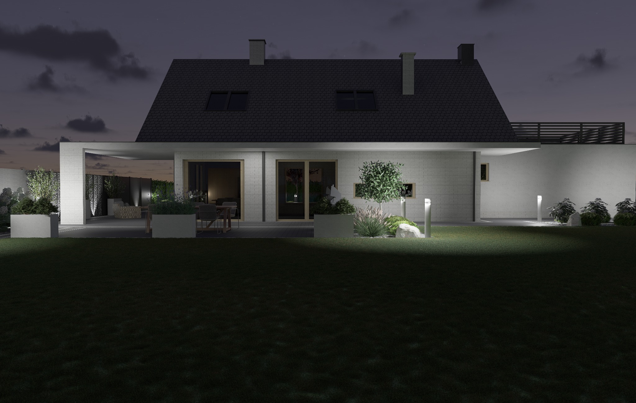 Oświetlony ogród nocą z nowoczesnym domem w tle. Minimalistyczne lampy ogrodowe podkreślają zieleń i architekturę. Widoczne donice z roślinami i zadbany trawnik.