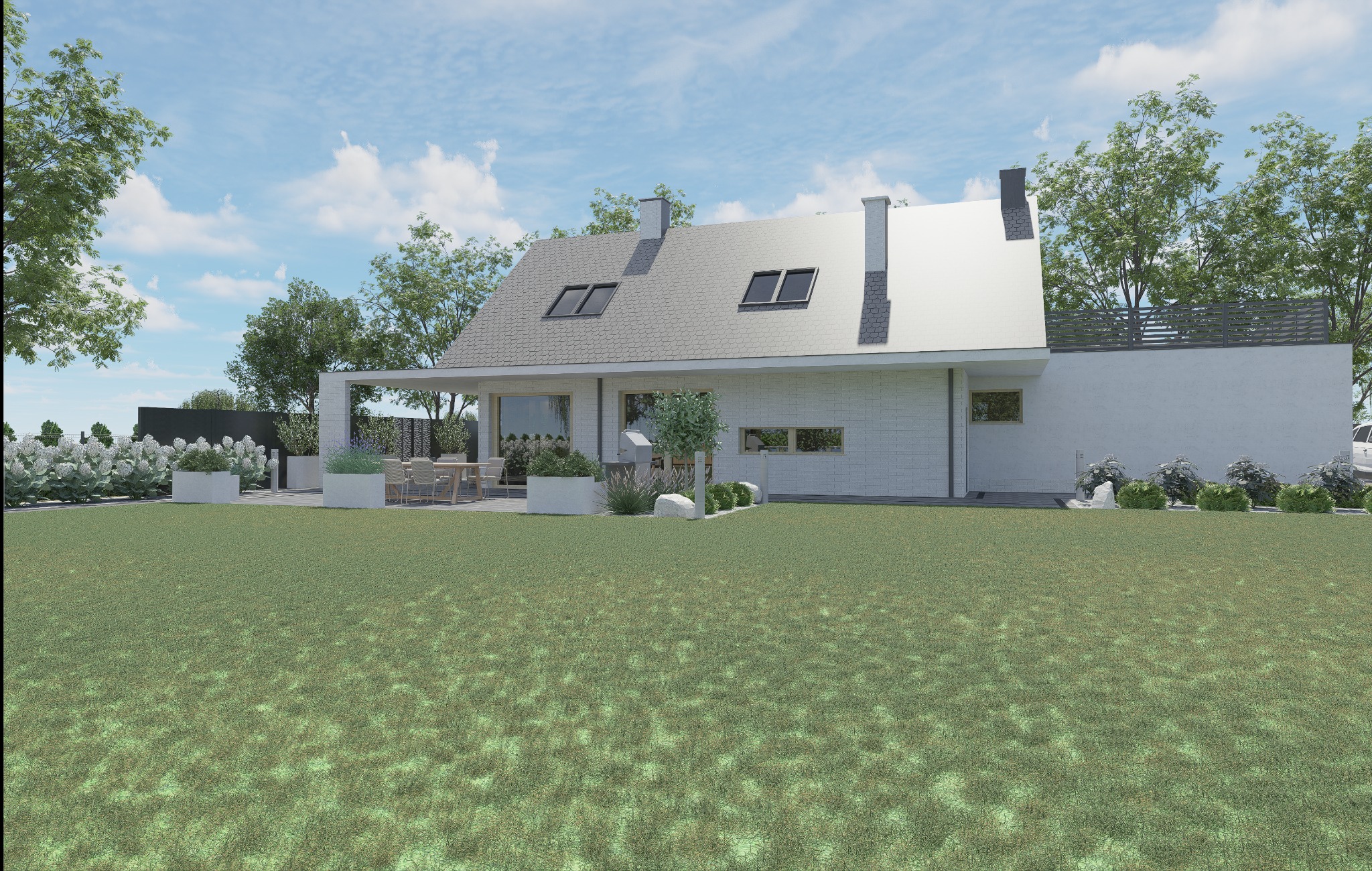 Nowoczesny dom z ogrodem: trawnik, taras z meblami ogrodowymi, białe hortensje. Projekt domu z szarym dachem i dużymi oknami dachowymi.