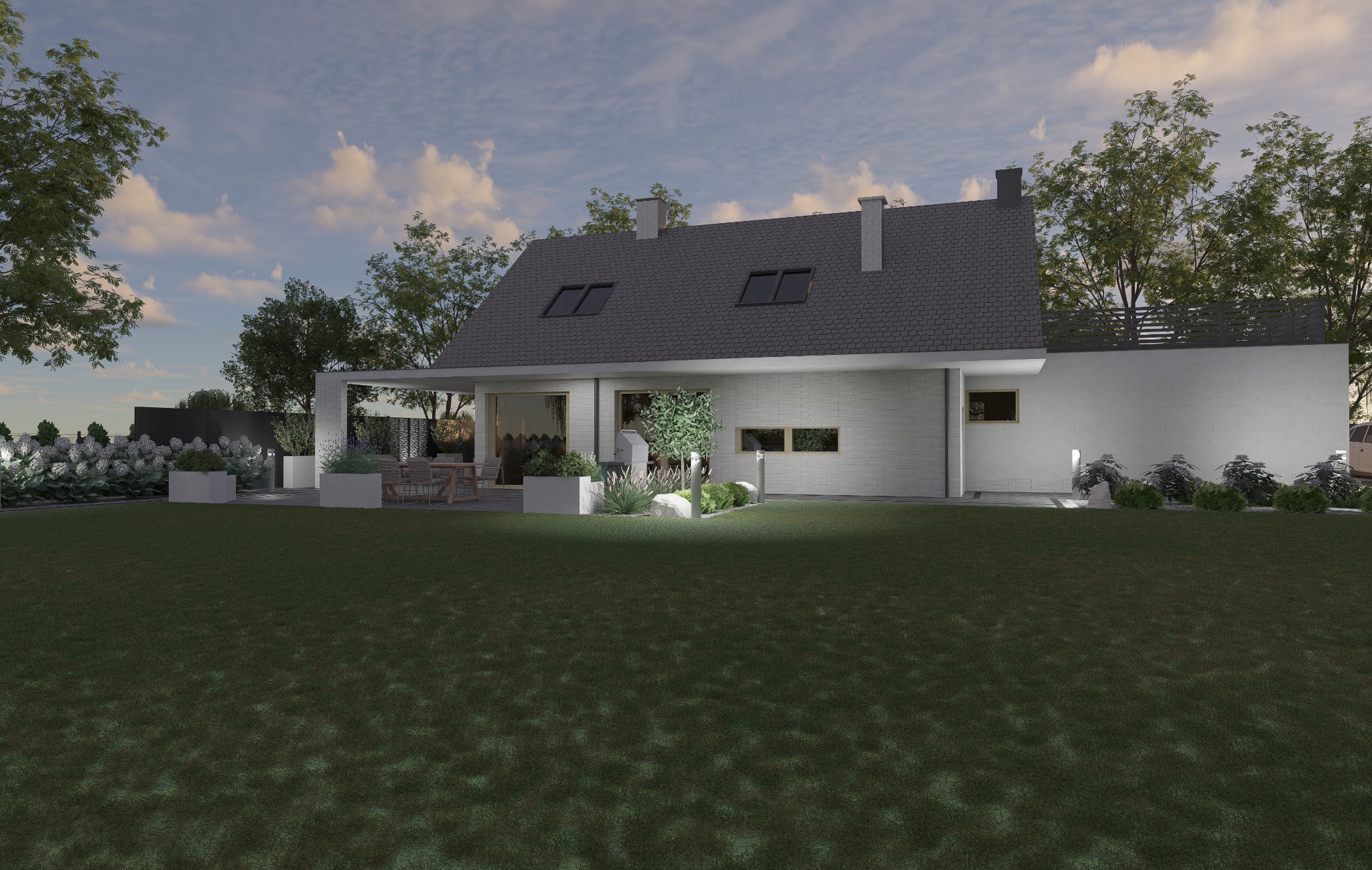 Nowoczesny dom z ogrodem: trawnik, rabaty z hortensjami, oświetlenie ogrodowe, taras z meblami. Projekt z elementami architektury krajobrazu i dbałością o detale.