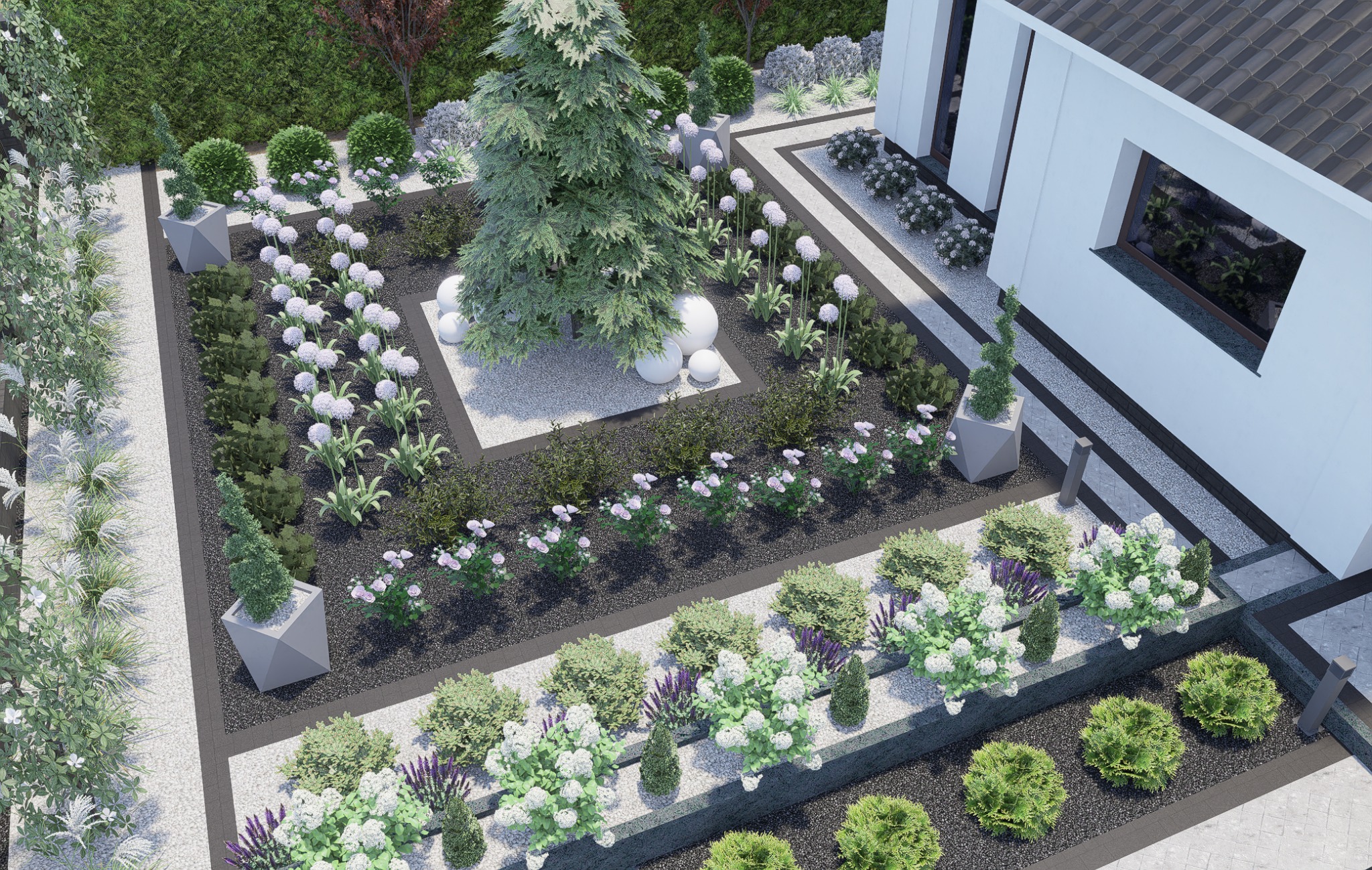 Wizualizacja ogrodu z regularnymi rabatami, kulistymi kwiatami, iglakiem i białymi kulami. Elementy z czarnego i białego żwiru. Nowoczesny styl.