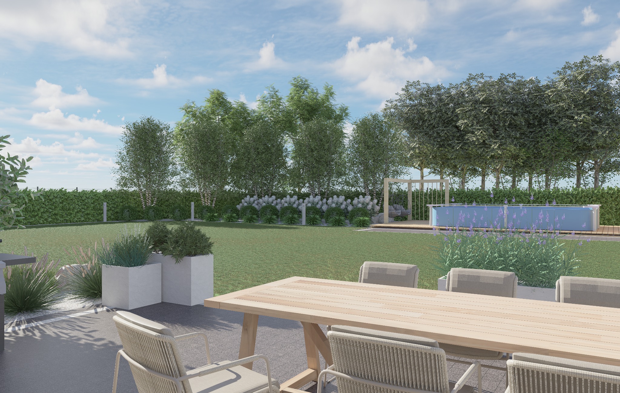 Wizualizacja ogrodu z basenem i drewnianym stołem z krzesłami. W tle drzewa, krzewy i trawnik. Elementy dekoracyjne: donice z roślinami i ozdobne kamienie.