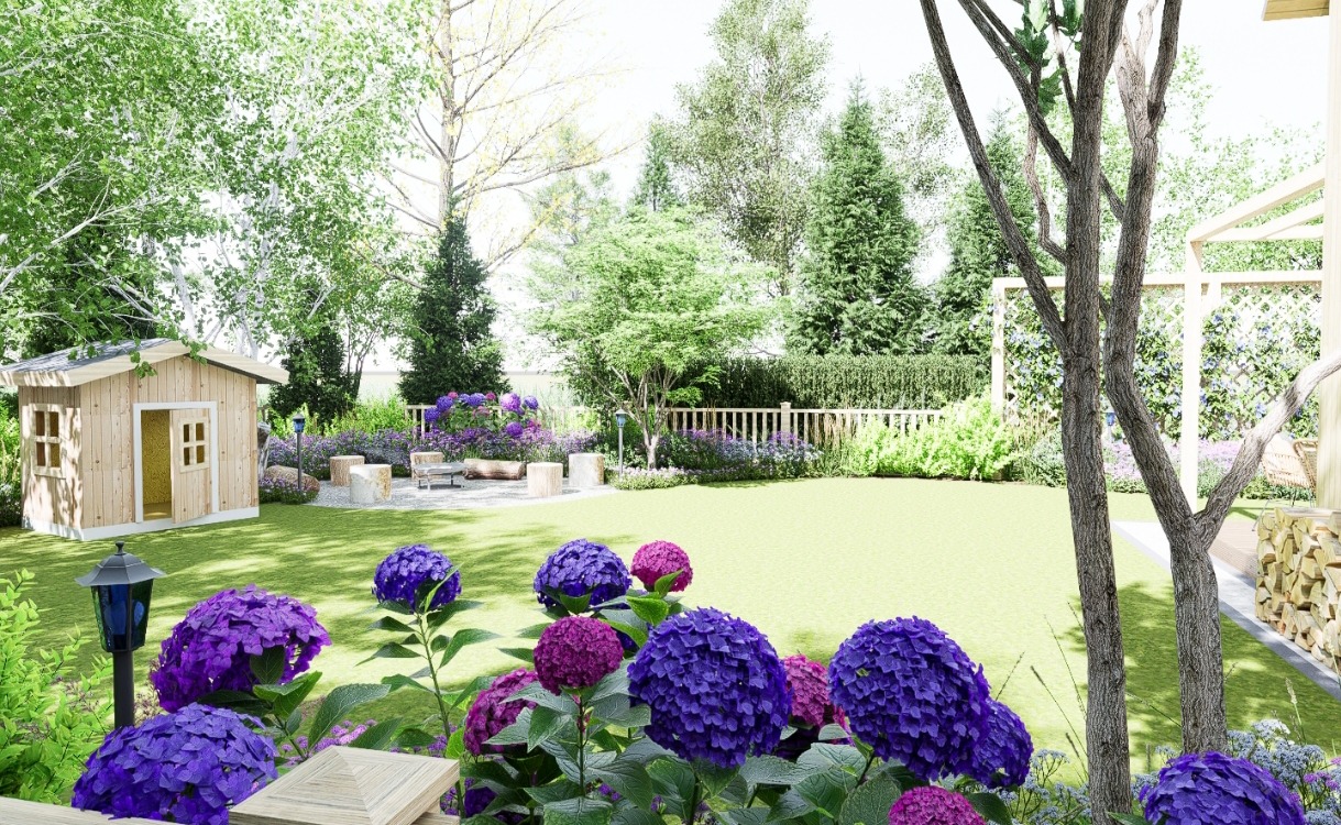 Wizualizacja ogrodu z domkiem dla dzieci, miejscem do siedzenia i kwitnącymi hortensjami w odcieniach fioletu i różu. Projekt uwzględnia oświetlenie i drewniane elementy.