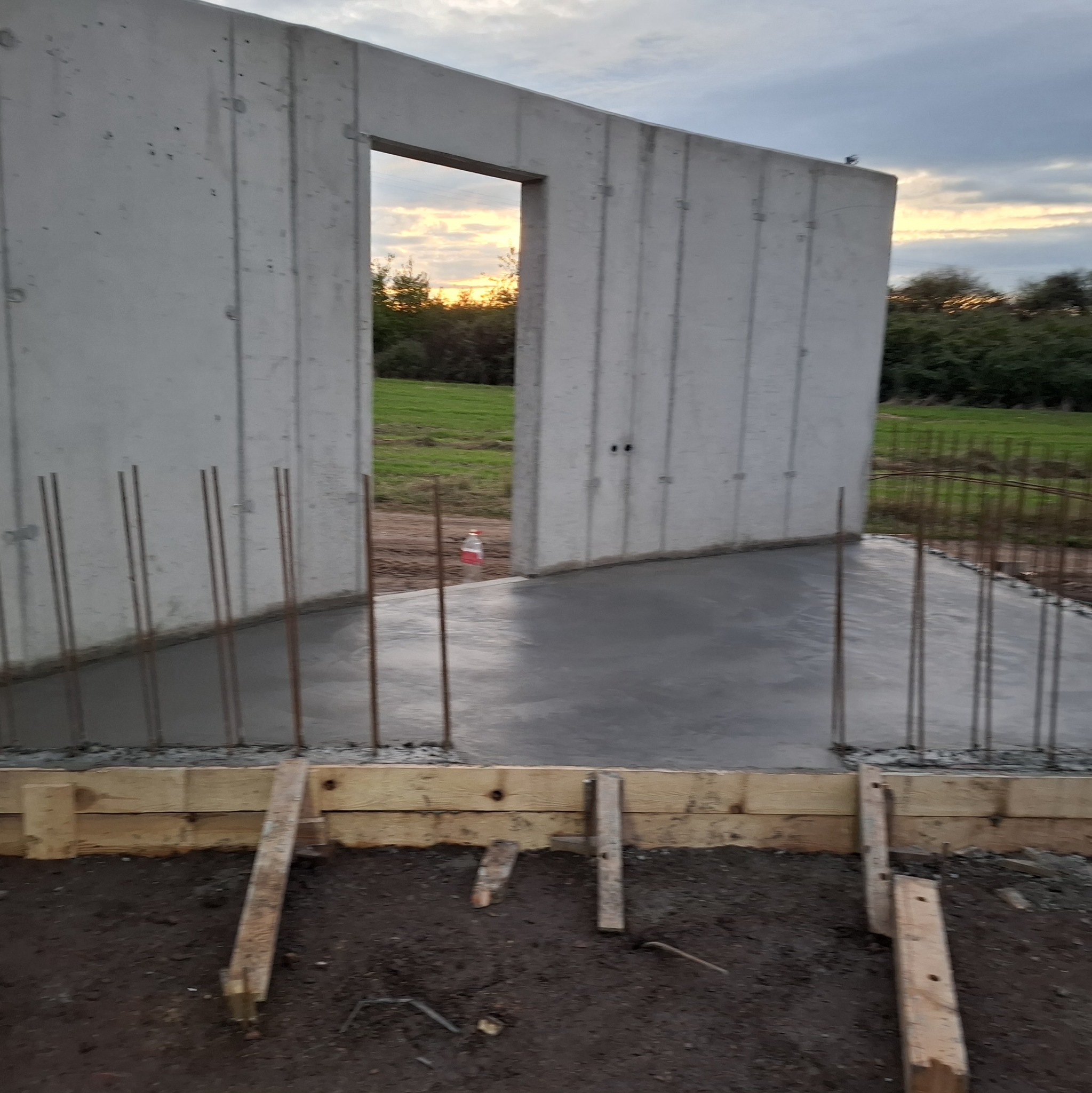 Świeżo wylany beton na fundamencie z wystającymi prętami zbrojeniowymi i drewnianym szalunkiem. W tle widoczne pole i zachodzące słońce.