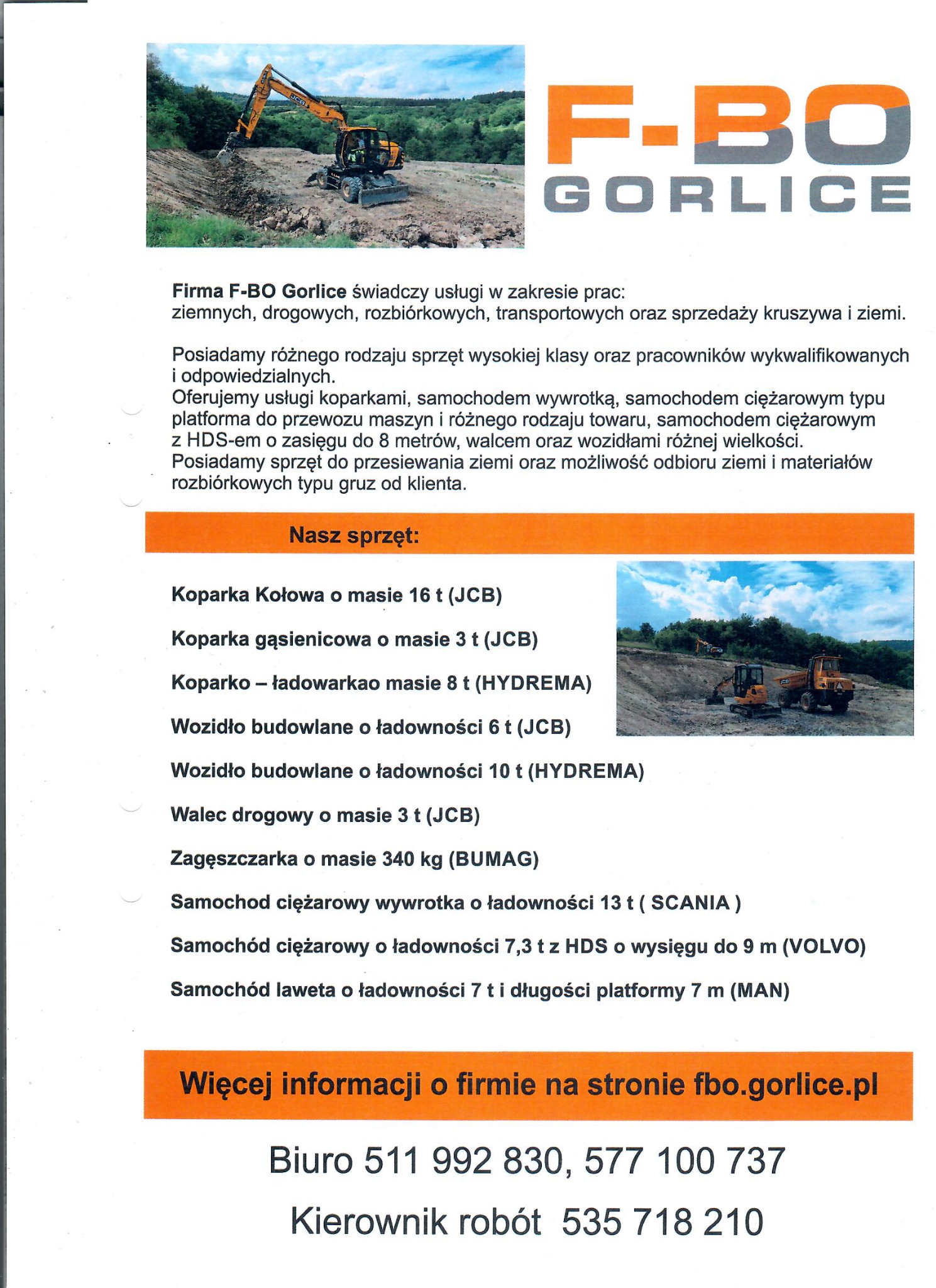 Żółta koparka kołowa JCB podczas prac ziemnych na tle zieleni. Widok na sprzęt firmy F-BO Gorlice.