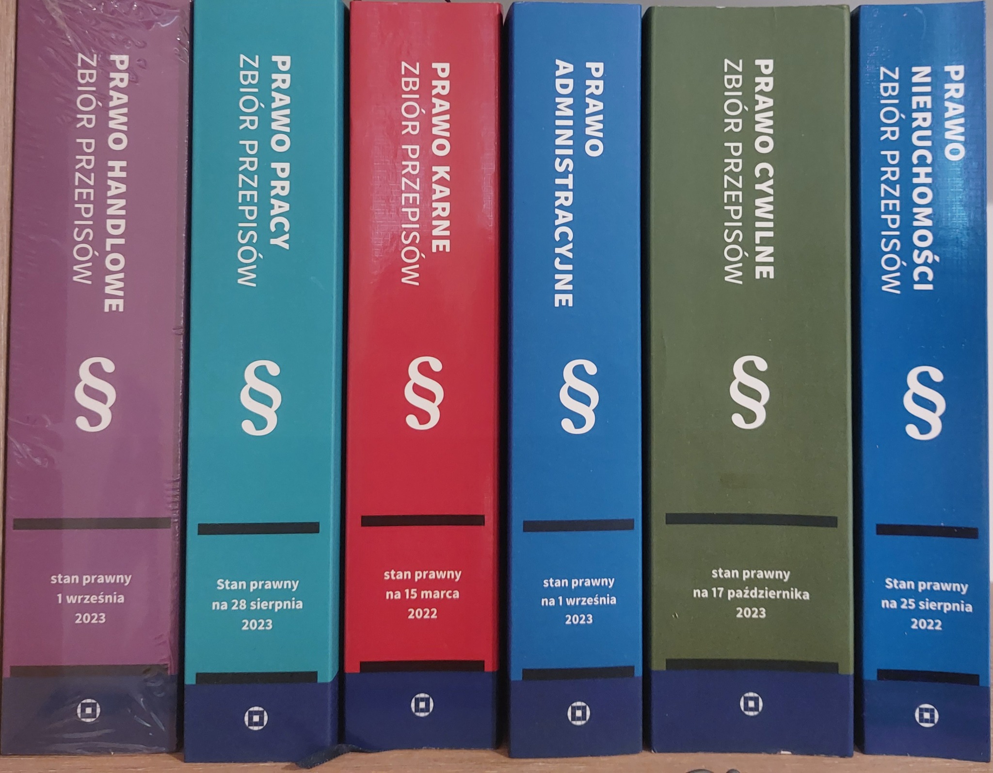 Zbiór kodeksów prawnych: handlowego, pracy, karnego, administracyjnego, cywilnego i nieruchomości. Każdy oznaczony paragrafem i datą obowiązywania.
