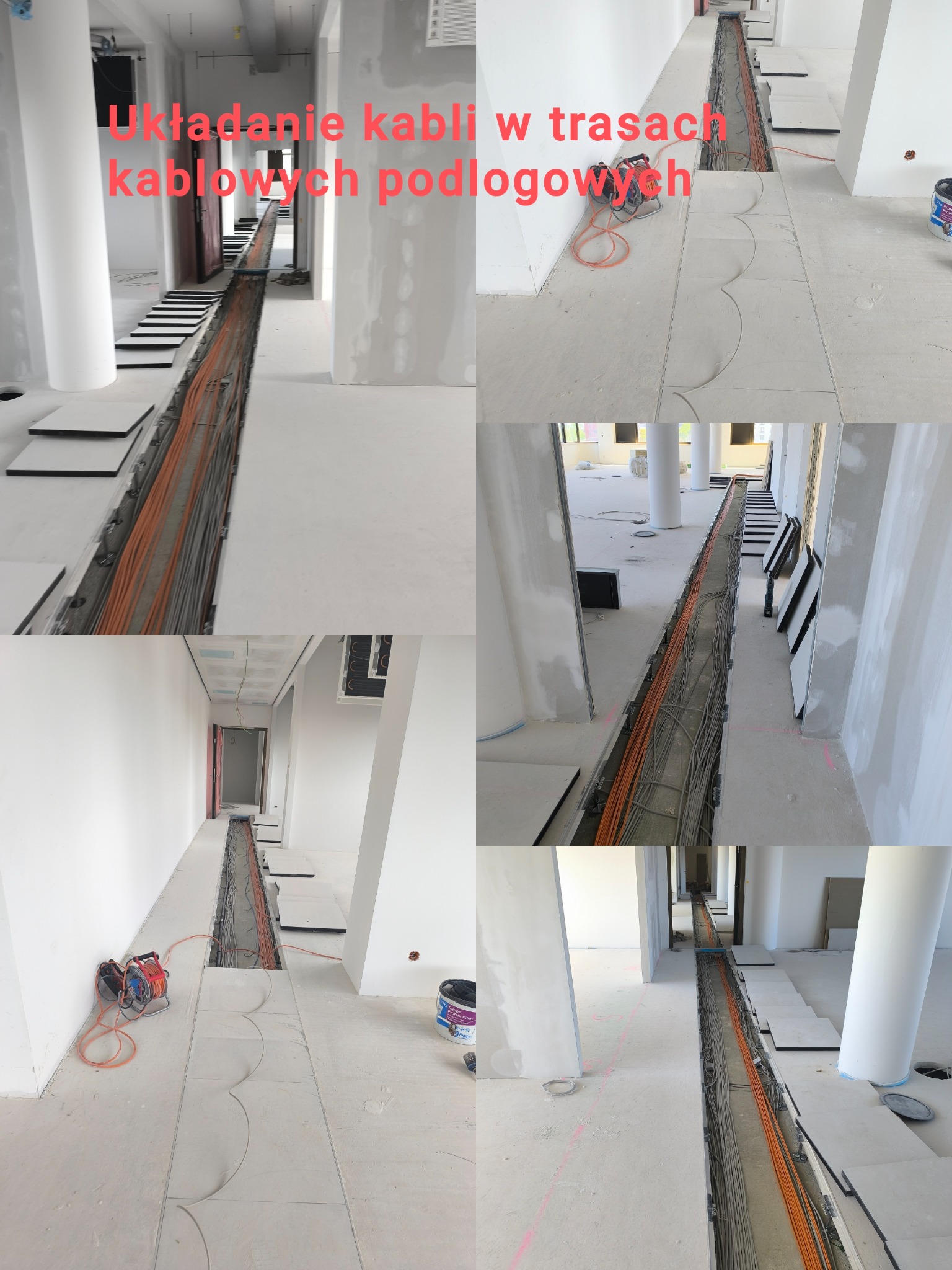 Kable ułożone w podłogowych trasach kablowych w długim korytarzu, z częściowo zamontowanymi płytami podłogowymi. Widoczne narzędzia i materiały budowlane.