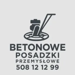 Grafika: polerka do betonu nad napisem 'Betonowe posadzki przemysłowe' i numerem telefonu. Minimalistyczny design na jasnoszarym tle.