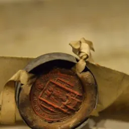 Dokument z pieczęcią lakową, zamknięty metalową obręczą, na beżowym tle. Pieczęć z wyraźnym, czerwonym wzorem herbowym. Detal archiwalny.