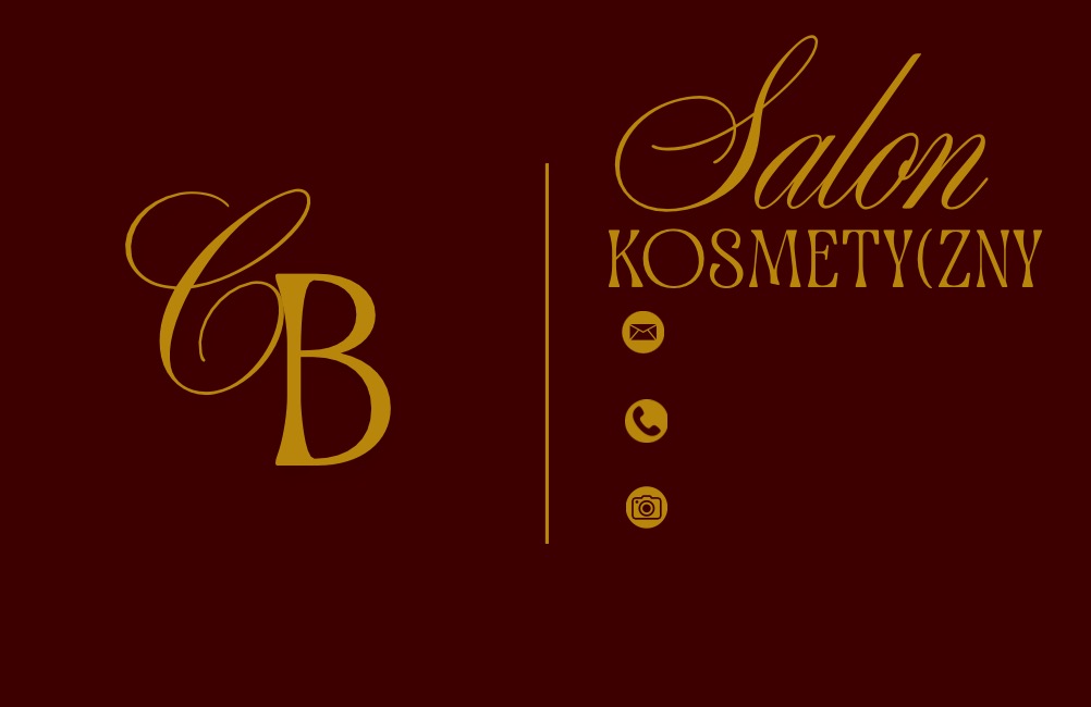 Elegancka wizytówka salonu kosmetycznego w odcieniach bordo i złota. Zawiera inicjały 'CB' i nazwę 'Salon Kosmetyczny' wraz z ikonami kontaktu.