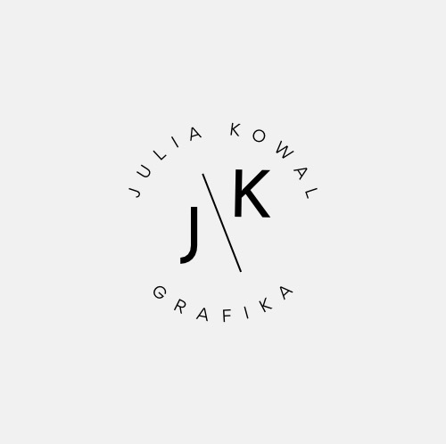 Minimalistyczne logo 'Julia Kowal Grafika' z inicjałami JK przeciętymi linią, umieszczone w okręgu z nazwą firmy. Prosty, elegancki design.