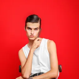 Mężczyzna z gładko zaczesanymi włosami, w białym podkoszulku, pozuje z brązowym grzebieniem na tle intensywnej czerwieni.