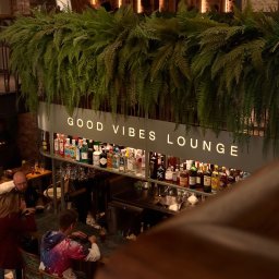 Max Ray - Wnętrze baru 'Good Vibes Lounge' z dekoracją z paproci, widok z góry na klientów siedzących przy barze i półki z alkoholami podświetlone ciepłym światłem.
