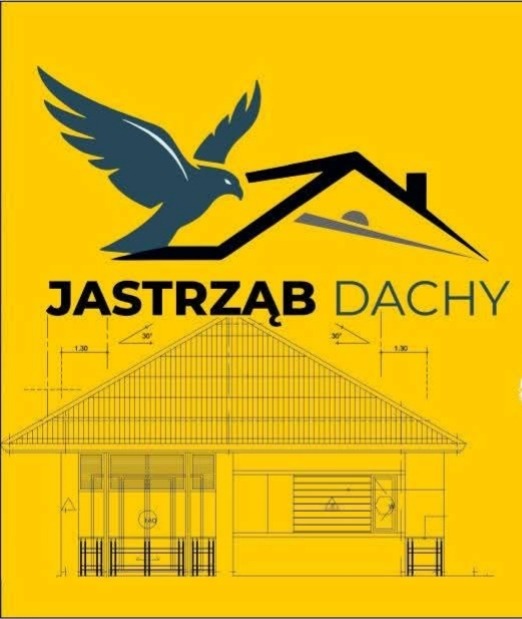 Żółte logo firmy dekarskiej Jastrząb Dachy z sylwetką jastrzębia nad schematycznym rysunkiem domu z dachem. Projekt architektoniczny w stylu blueprint.