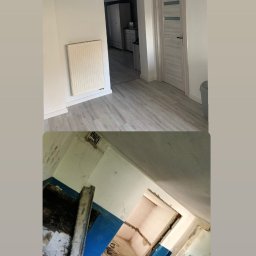 Złota Rączka Kraków - Zdjęcie 'przed i po' remontu mieszkania: od zniszczonego wnętrza z niebieskimi ścianami do odnowionego, jasnego pokoju z grzejnikiem i drewnianą podłogą.