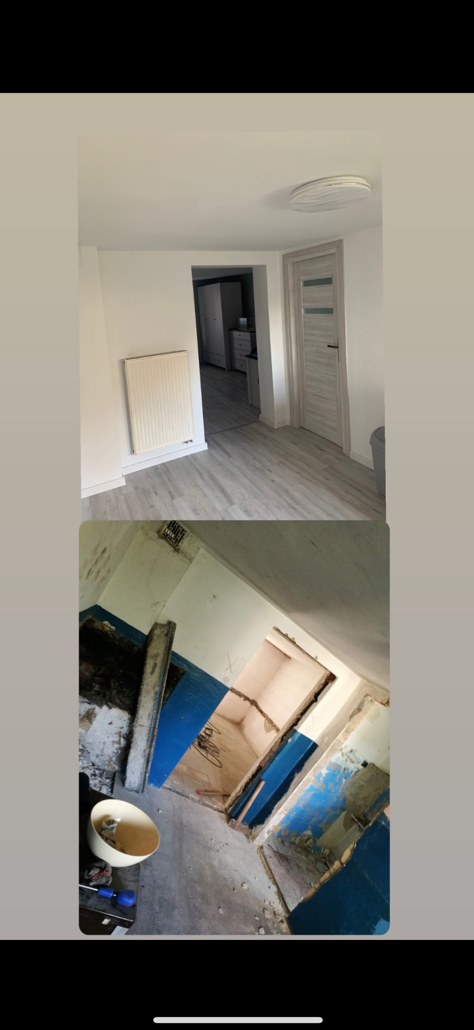 Zdjęcie 'przed i po' remontu mieszkania: od zniszczonego wnętrza z niebieskimi ścianami do odnowionego, jasnego pokoju z grzejnikiem i drewnianą podłogą.