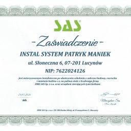 Instal System Patryk Maniek - Certyfikat autoryzacji instalatora kotłów c.o. firmy ZMK SAS Sp. z o.o. dla INSTAL SYSTEM Patryk Maniek, potwierdzający ukończenie szkolenia w zakresie budowy i montażu.