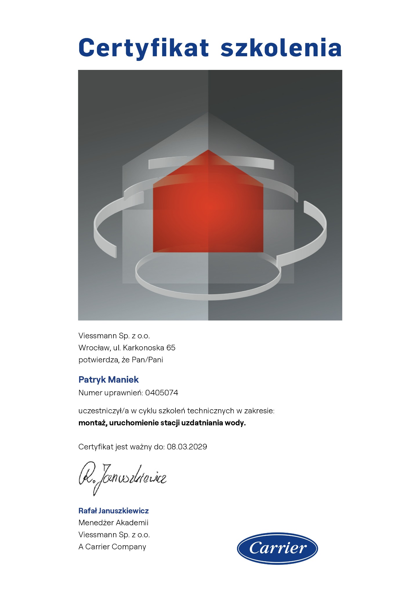 Certyfikat szkolenia Viessmann dla Patryka Mańka, potwierdzający udział w szkoleniu technicznym z zakresu montażu i uruchomienia stacji uzdatniania wody.