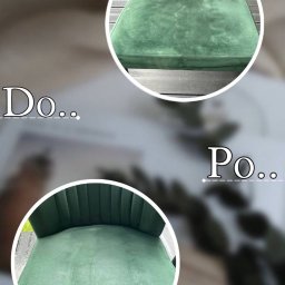 MasterClean - Krzesło tapicerowane, zielone, welurowe, ujęcie z góry. Porównanie stanu przed (zabrudzenia) i po czyszczeniu (czyste). Grafika z napisem 'Do' i 'Po'.