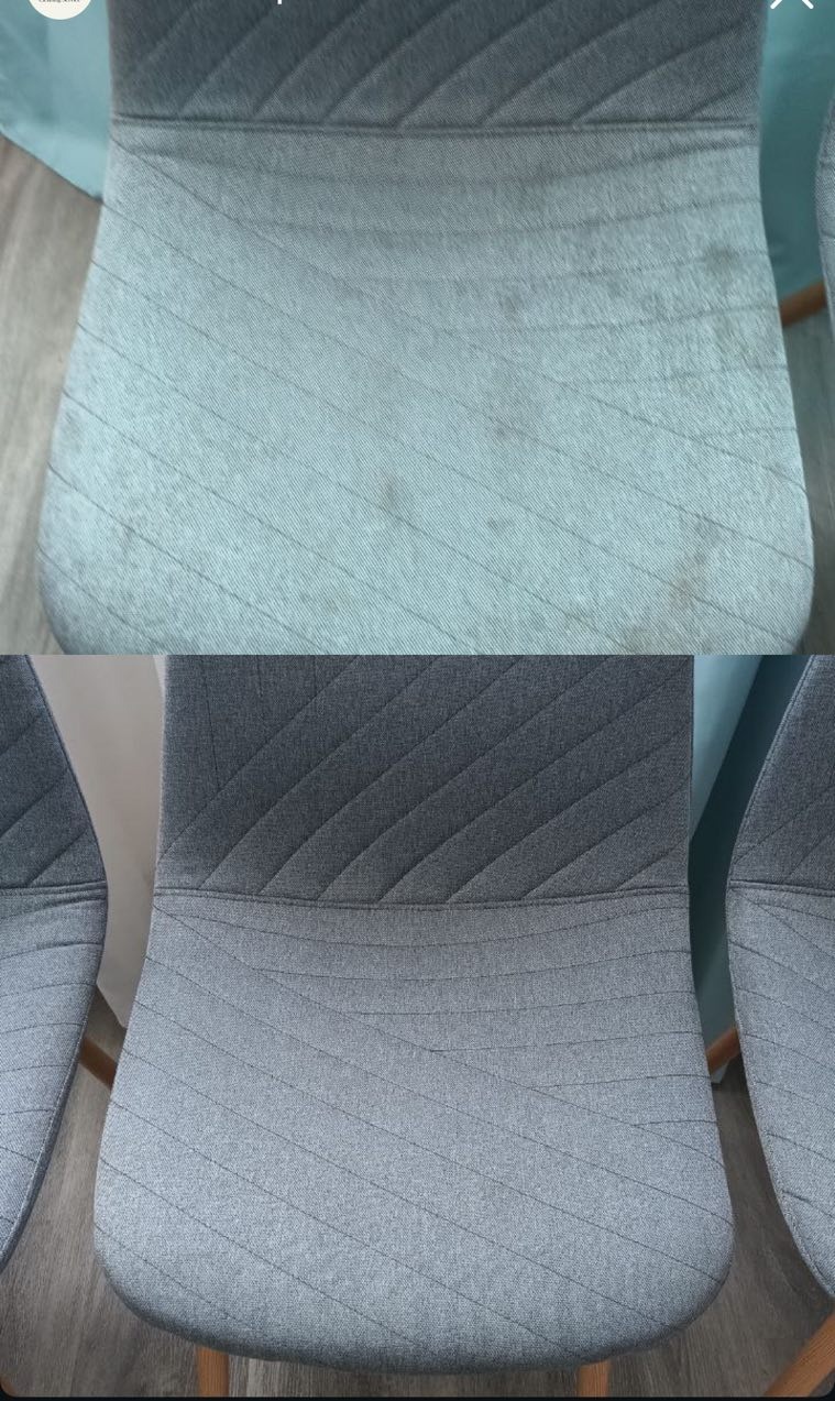 Krzesło tapicerowane: górna część z plamami, dolna czysta po praniu. Widoczne różnice w odcieniach szarości i fakturze tkaniny. Efekt czyszczenia tapicerki.