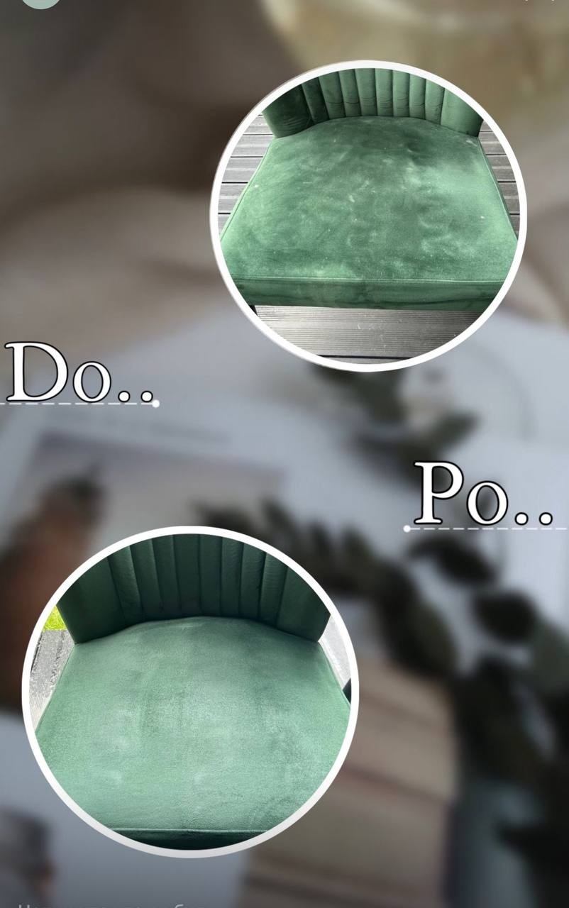 Krzesło tapicerowane, zielone, welurowe, ujęcie z góry. Porównanie stanu przed (zabrudzenia) i po czyszczeniu (czyste). Grafika z napisem 'Do' i 'Po'.