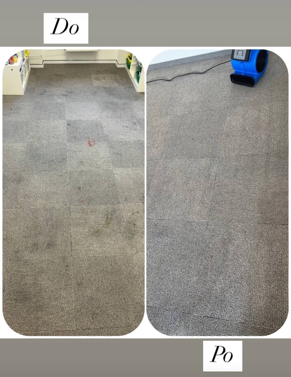 Dywan w biurze przed i po praniu, z plamami po lewej i czysty po prawej, z suszarką do dywanów w tle. Widok z góry.